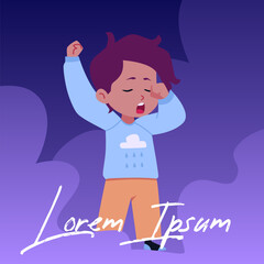 Vector illustration depicting a yawning boy in pajamas against a background of clouds