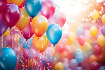 Set of colorful realistic mat helium balloons floating on blurred colorful background. balloons for birthday, party, wedding or promotion banners or posters.