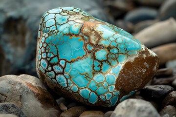 A macro of a turquoise rock gemstone sitting on rocks in the mountains of New Mexico. Texture, vibrant color glistening in the sunlight.