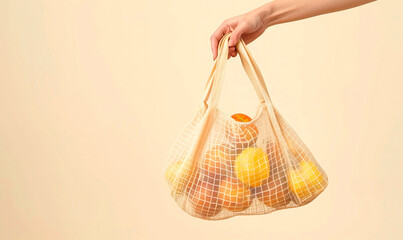 Hand holding eco-friendly fabric bag with various fresh vegetables and fruits
