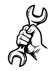 Hand holding wrench tool. Spanner in fist. Home repair, service emblem or logo. Vector illustration