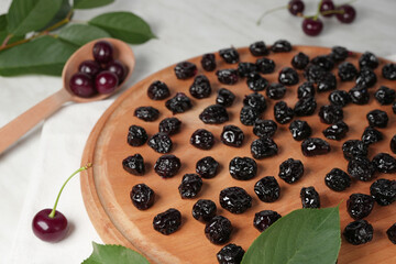 Dried sour cherries delicious and healthy snack. Sun-dried cherries are rich in nutrients.Nutritious dried berries. Healthy vitamin ingredient. Side view.