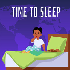 Cute sleepy boy in pajamas sitting on the bed and yawning, vector Time to sleep flat poster with world map, kid bedtime