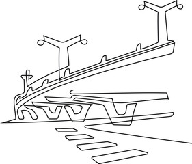 Megapolis. Difficult transport interchanges. Overpasses and bridges. Continuous line drawing. Vector