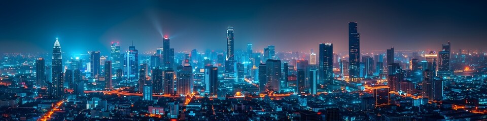 Fototapeta premium Aerial view Smart cityscape dot point connect with gradient line, connection technology metaverse concept. Bangkok, Thailand night city