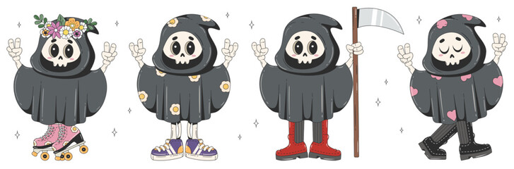 Retro Halloween characters in boots and rollerskates. Cute ghosts in trendy groovy style. Vector cartoon set