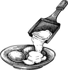 Swiss cheese fondue sketch. Hand-drawn food illustration. Melted cheese icon. Raclette vector drawing. NOT AI generated