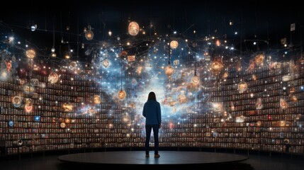 Fototapeta premium Diverse digital display multimedia video wall featuring cosmic scenes and abstract patterns