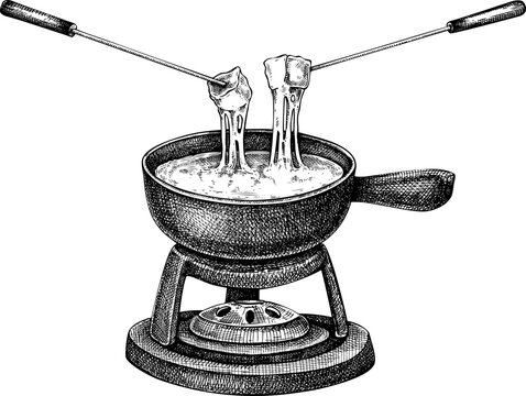 Cheese fondue sketch. Hand-drawn food illustration. Melted cheese icon. French cuisine menu design element. Top view