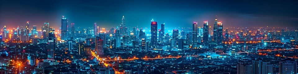 Aerial view Smart cityscape dot point connect with gradient line, connection technology metaverse concept. Bangkok, Thailand night city