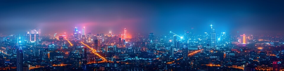 Fototapeta premium Aerial view Smart cityscape dot point connect with gradient line, connection technology metaverse concept. Bangkok, Thailand night city