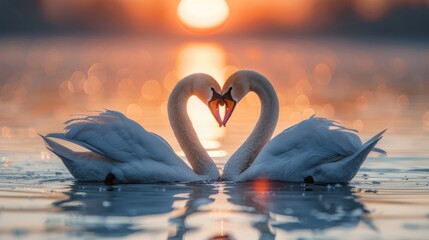 Swans forming heart shape at sunset on serene lake. Romantic and nature love concept