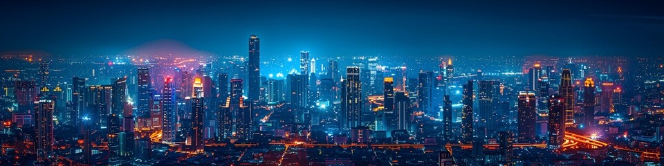 Aerial view Smart cityscape dot point connect with gradient line, connection technology metaverse concept. Bangkok, Thailand night city