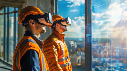 Construction workers using VR headsets for training, Holographic, Bright, Photorealistic