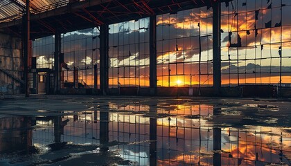 Abandoned Industrial Warehouse Reflecting Sunset Sky, cartoon landscape
