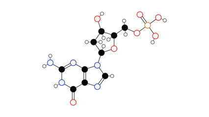deoxyguanosine monophosphate molecule, structural chemical formula, ball-and-stick model, isolated image dgmp