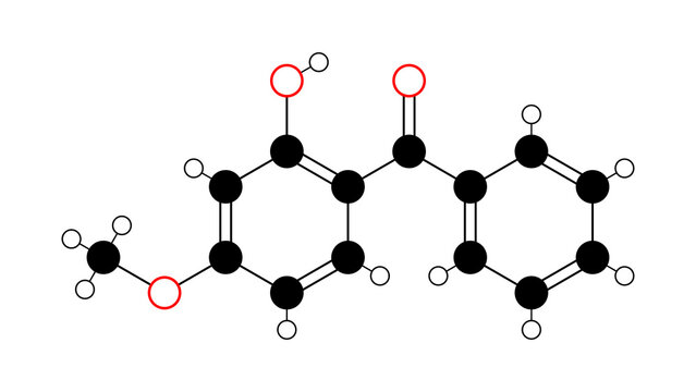oxybenzone molecule, structural chemical formula, ball-and-stick model, isolated image sunscreen agent
