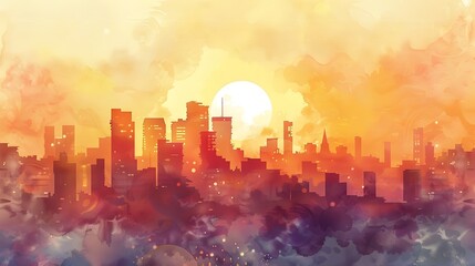 Fototapeta premium Vibrant Watercolor Cityscape with Architectural Beauty