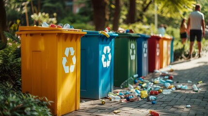 Fototapeta premium Colorful recycling bins with scattered plastic bottles in a park symbolizing environmental awareness and sustainability