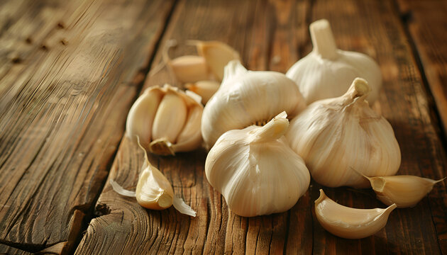 Aromatic garlic cloves and bulbs on wooden table, closeup