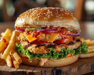 Front view of a chicken burger, extra cheese, french fries on a wooden table, AIgenerated, vibrant and tasty