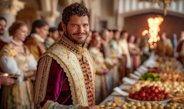 AI-generated illustration of a medieval-themed banquet with a smiling man in ornate attire - Powered by Adobe