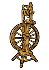 Spinning wheel color line art sketch engraving PNG illustration. T-shirt apparel print design. Scratch board imitation. Black and white hand drawn image.