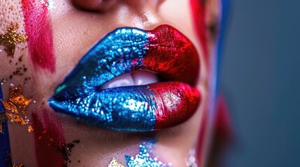 close up of lips. women's lips painted in the colors of the France flag. Olympic Games
