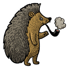 hedgehog with smoking pipe color line art sketch engraving PNG illustration. T-shirt apparel print design. Scratch board imitation. Black and white hand drawn image.