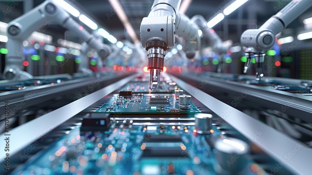 Poster advanced high precision robot arms on fully automated pcb assembly line inside modern electronics fa