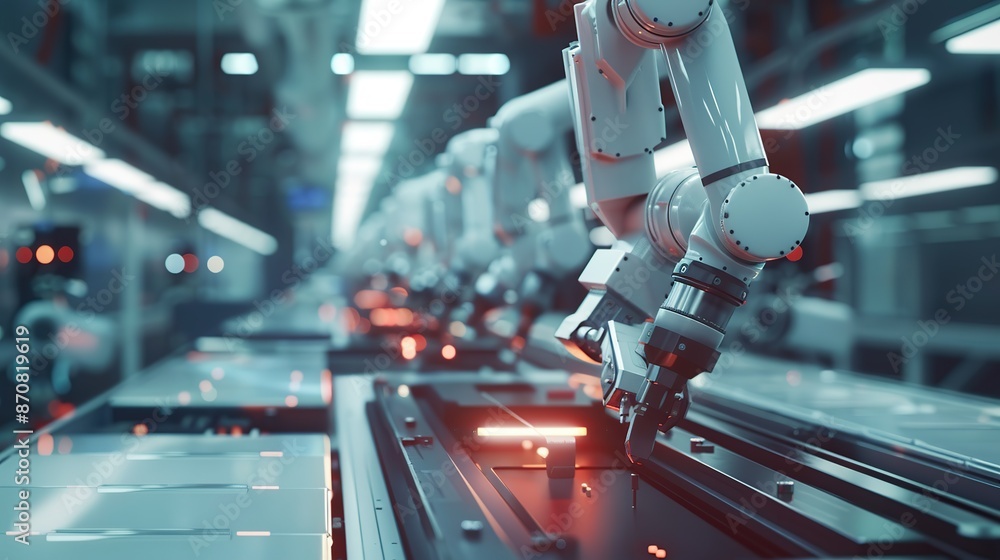Poster advanced high precision robot arms on fully automated pcb assembly line inside modern electronics fa