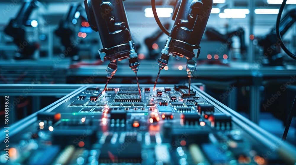 Poster advanced high precision robot arms on fully automated pcb assembly line inside modern electronics fa