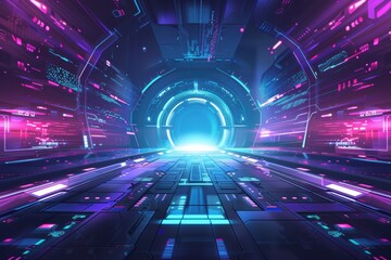 A futuristic tunnel with neon lights and a bright blue light at the end