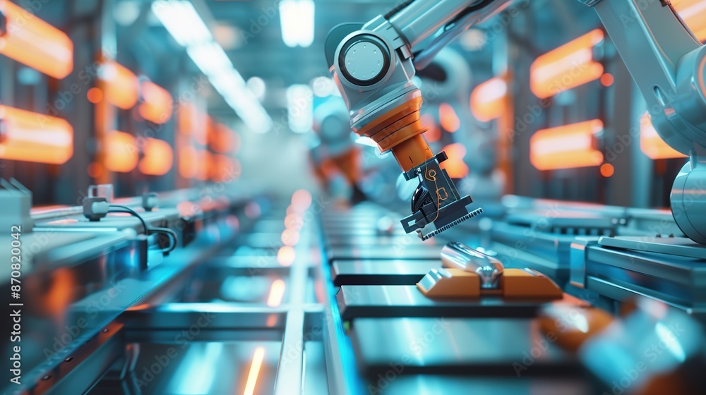 Poster advanced high precision robot arms on fully automated pcb assembly line inside modern electronics fa