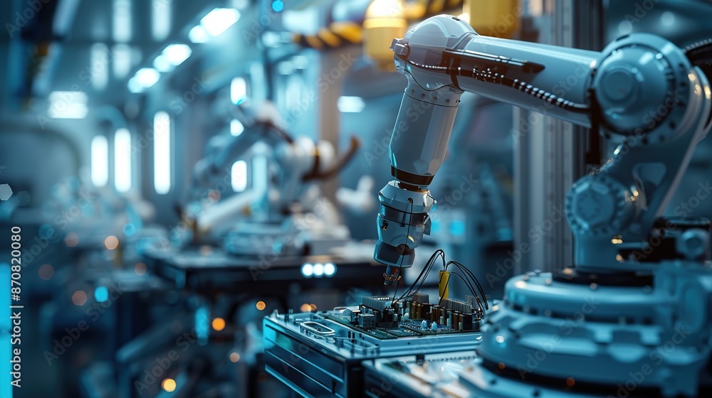 Poster advanced high precision robot arms on fully automated pcb assembly line inside modern electronics fa