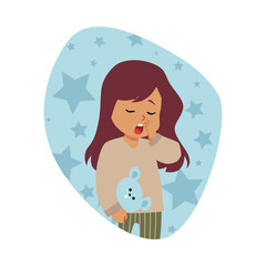 Sleepy child in pajamas, with a toy in his hand, starry background.