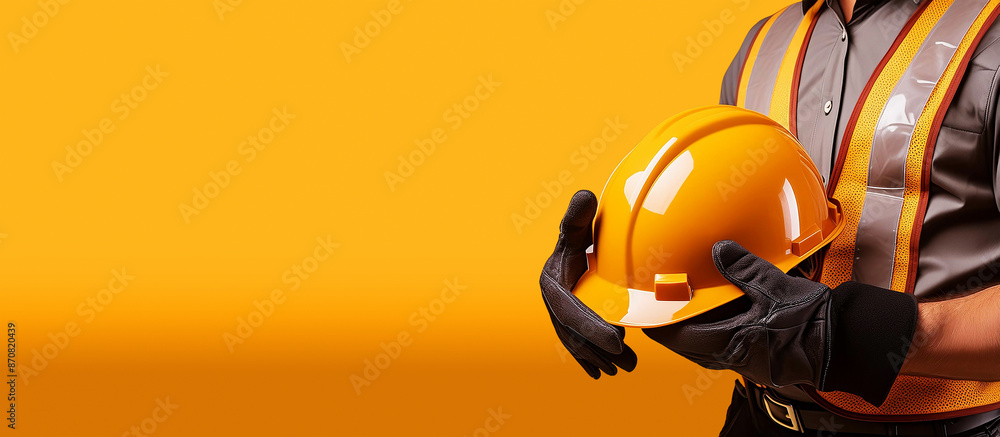 Poster manual worker with protective work gloves holding a yellow safety helmet on a yellow and orange back
