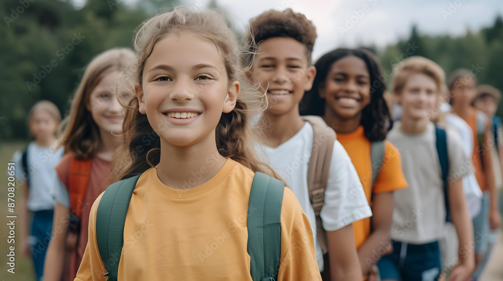 Wall mural group of happy diverse children with backpacks outdoors, smiling and looking at the camera. summer c