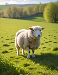 Obraz premium In the tranquil expanse of a lush green field one fluffy sheep is grazing peacefully in the spring sunshine