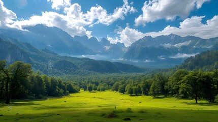 Obraz premium Beautiful mountain landscape with green meadow and blue sky