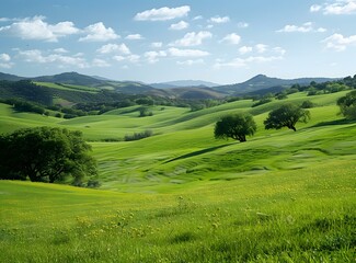 Obraz premium Rolling Green Hills Under Blue Sky With White Clouds