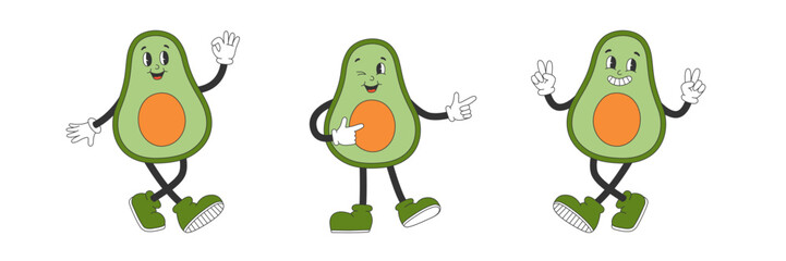 Set of cute avocado in groovy style. Cartoon characters in trendy retro style. Isolated vector illustration. 