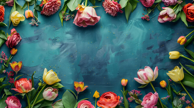 Floral arrangement with roses and tulips, full of intense colors, detailed close-up