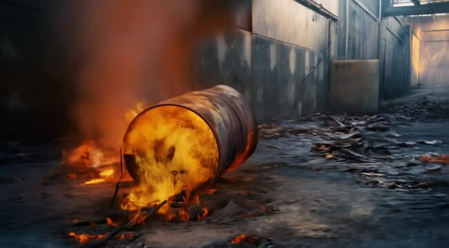 A Scene of   a burning oil barrel, animated illustration motion video
