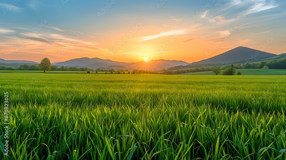 Poster Sunset Over Green Field With Mountains In The Background