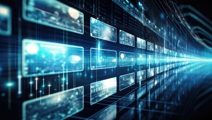 Digital blue background image with media icons on media screen. Mixed media