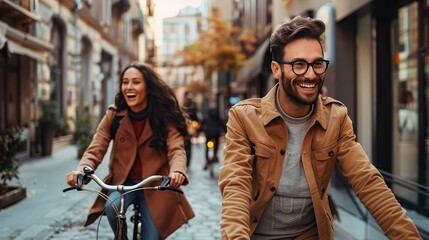 Obraz premium Happy casual business friends going to work with bicycle in the city. copy space for text.