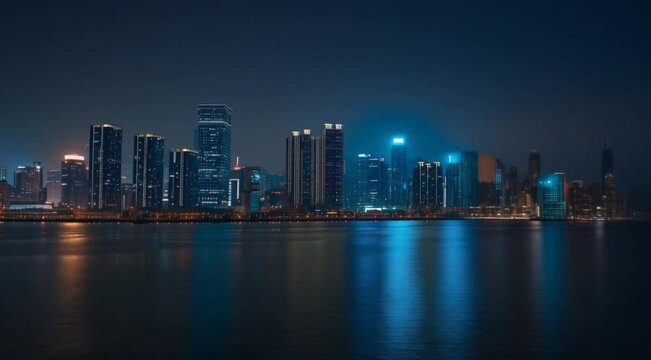 A Scene of  sky line city at night, animated illustration motion video