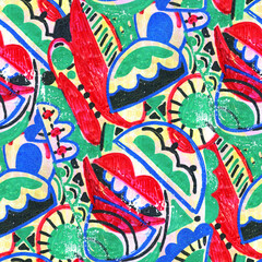 Abstract seamless pattern with  drawing in doodle style. Mix media.