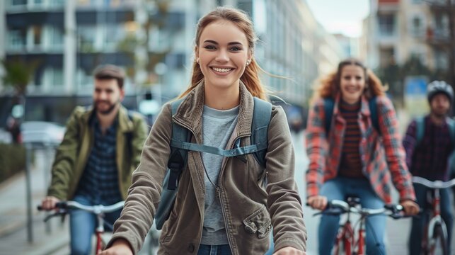 Happy casual business friends going to work with bicycle in the city. copy space for text.